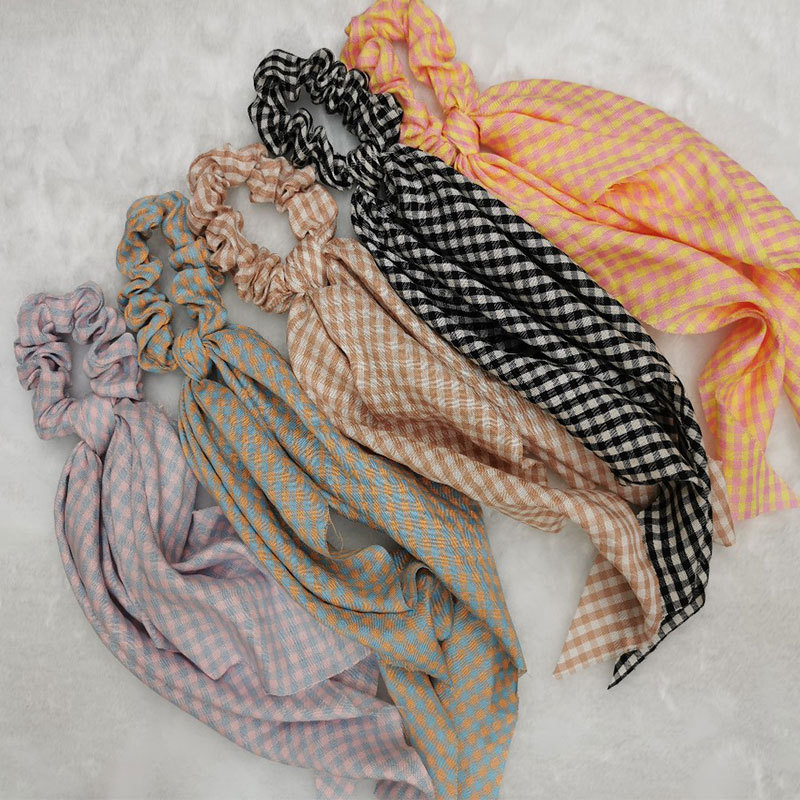 厂家直销新款格子大肠圈飘带三角巾发饰发圈女生扎马尾韩版发带