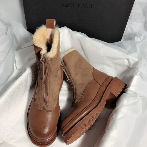 New Matte Leather Thick-Soled Korean-Style Mid-Top High-Top round Toe Short Boots Fur Snow Boots for Women