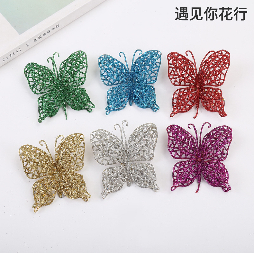 圣诞配件圣诞花金粉蝴蝶仿真花圣诞配件圣诞树装饰