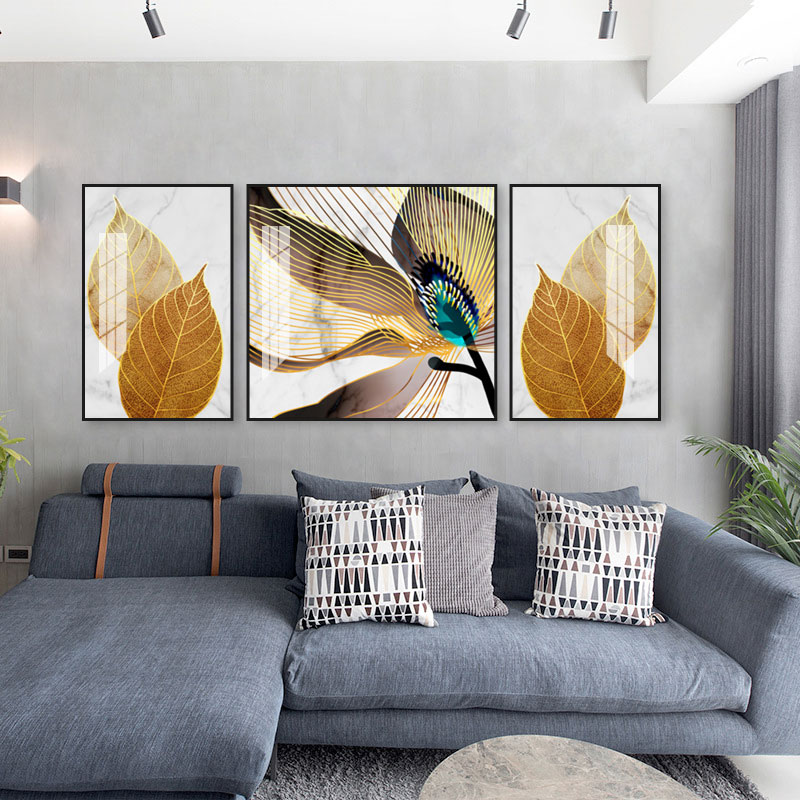 金色花卉客厅装饰画 现代简约铝合金沙发背景三联挂画壁画晶瓷画