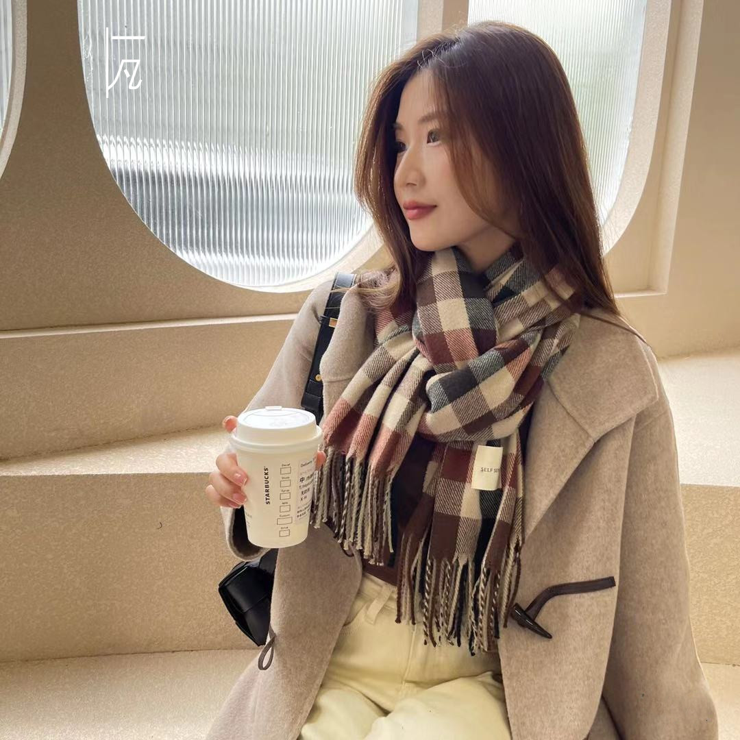 定制新款秋冬格子加厚拉毛保暖长巾 日韩学院风梭织平纹流苏围巾