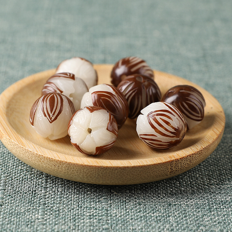 菩提根莲花配件 手工雕刻白玉莲花 手串配饰吊坠菩提果留皮串珠