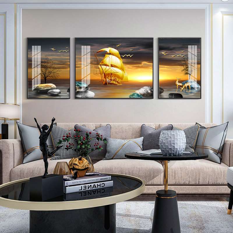晶瓷镶钻客厅装饰画沙发背景墙三联画现代简约挂画大气轻奢墙壁画