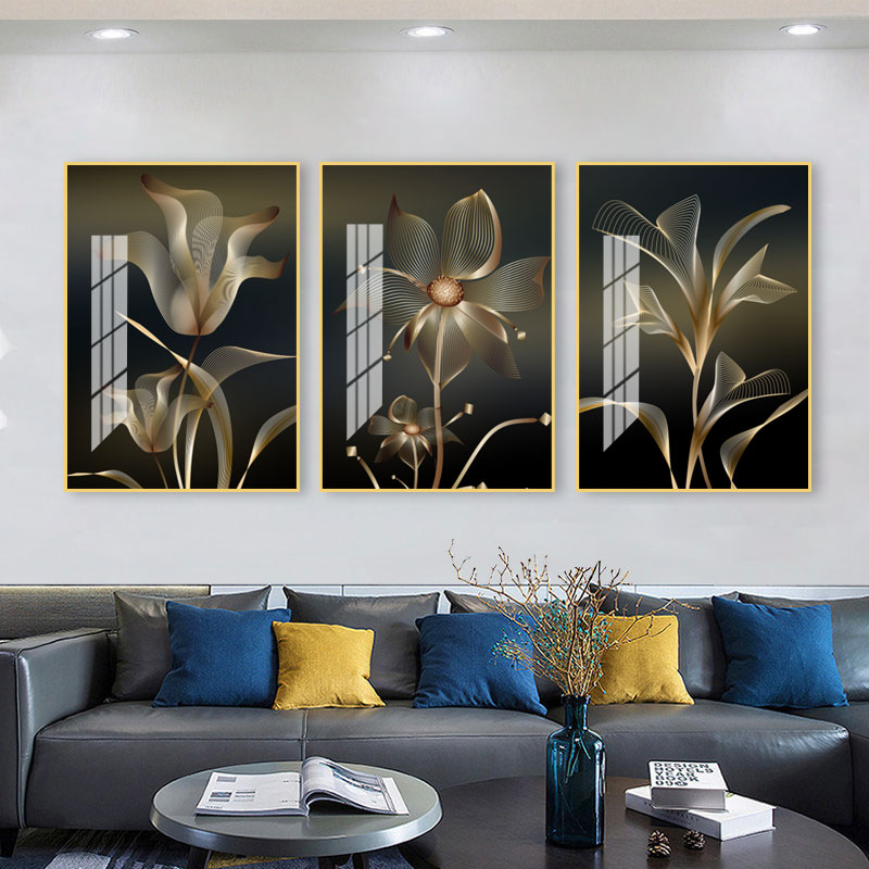 客厅轻奢金色花朵装饰画大气高清欧式三联沙发背景墙画壁画挂画