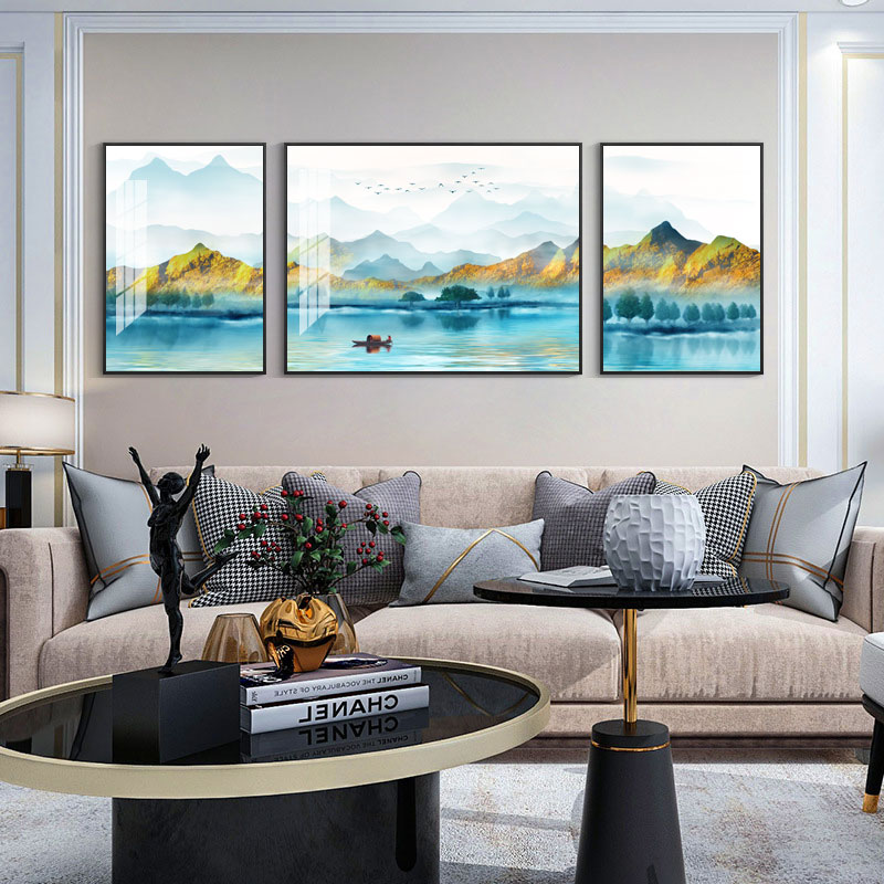 客厅装饰画中式山水画沙发背景墙轻奢墙画壁画三联风景装饰画