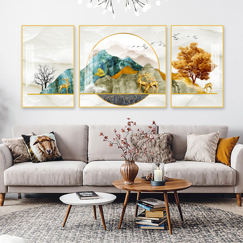 北欧风客厅装饰画沙发背景墙壁画现代简约三联画晶瓷挂画上墙画