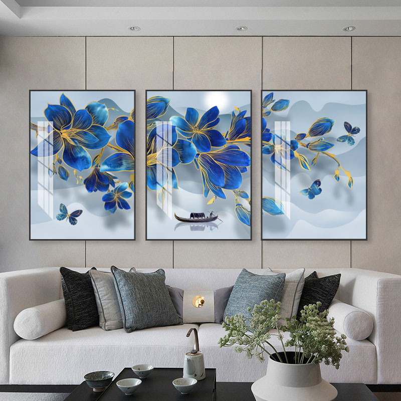 高清艺术喷绘花卉图案装饰画轻奢家居沙发背景墙画壁画三联挂画