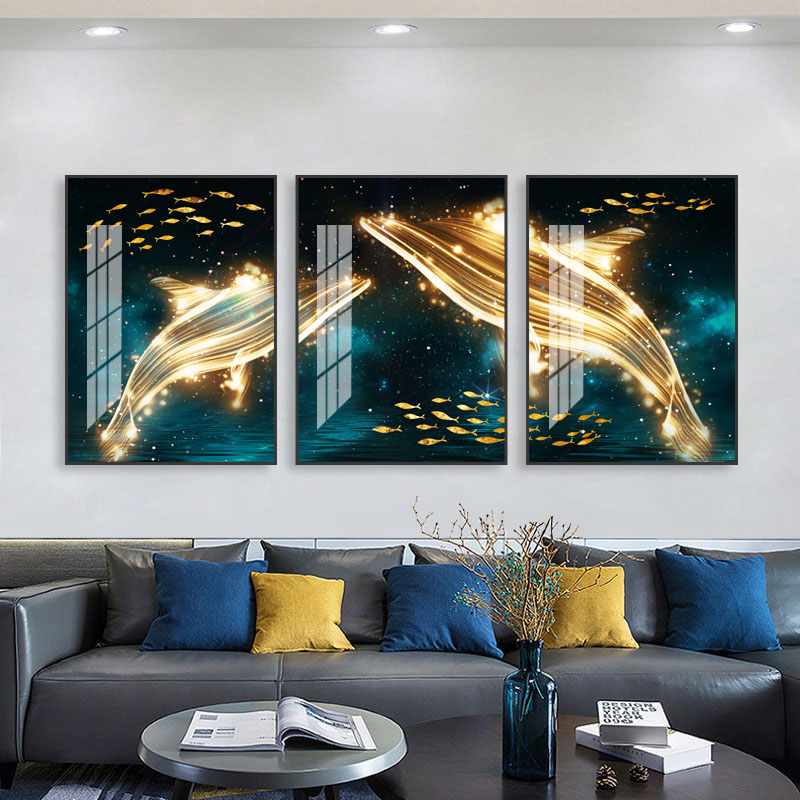 彩色鲸鱼图案客厅高清装饰画轻奢大气沙发背景三联晶瓷墙画壁画