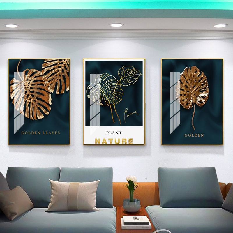 高品质简约金色叶子客厅墙面装饰挂画轻奢沙发背景晶瓷三联墙画