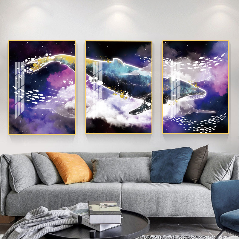 轻奢高清金鱼图案装饰画家居客厅酒店三件晶瓷材质墙壁挂画装饰画