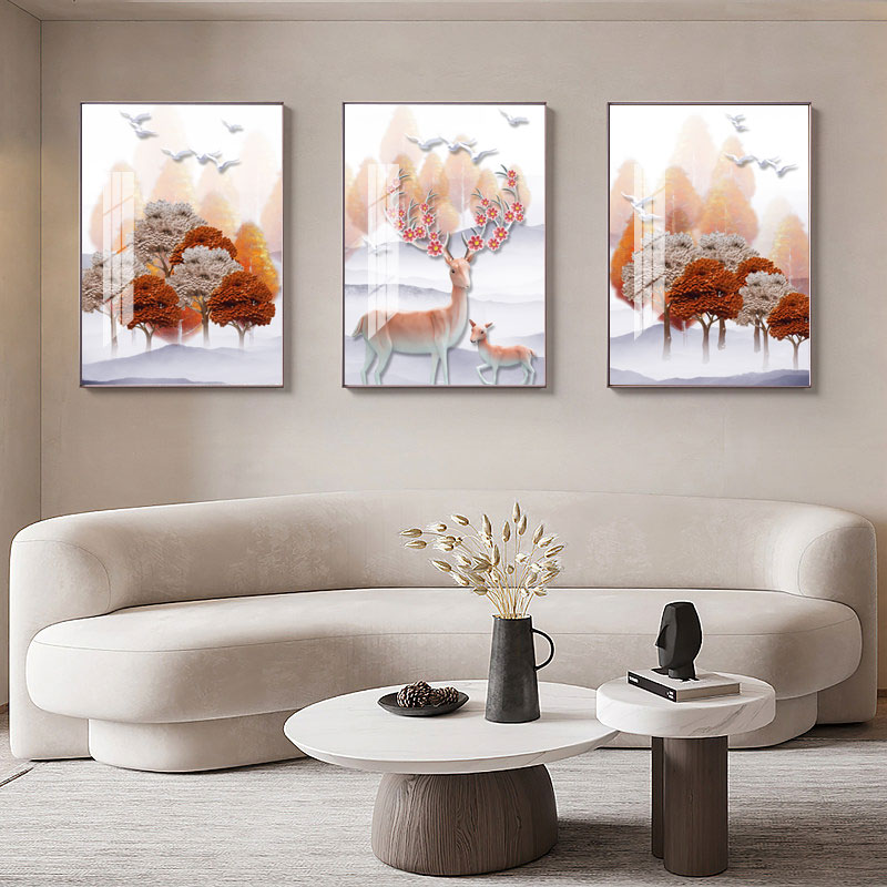手绘简约风格驯鹿图案客厅墙面装饰画现代房间三联晶瓷材质壁画