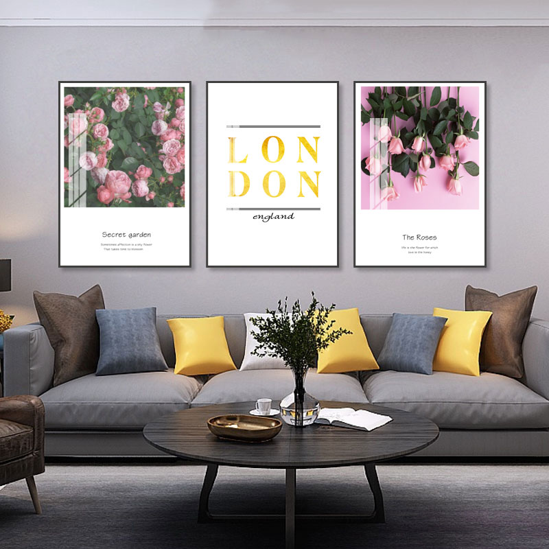 唯美简约玫瑰花图案墙面装饰绘画现代客厅酒店晶瓷材质三联壁画