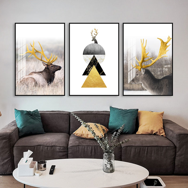 沙发背景驯鹿图案装饰画客厅酒店晶瓷材质铝合金框架墙画壁画