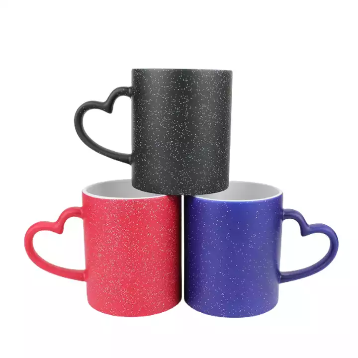 心形把手陶瓷变色杯热转印热升华涂层马克杯黑色红蓝闪光粉魔术杯