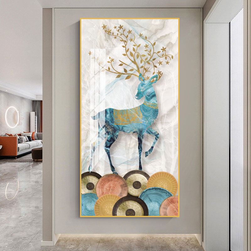 轻奢金色驯鹿抽象入户玄关装饰画房间大厅晶瓷工艺装饰壁画墙画