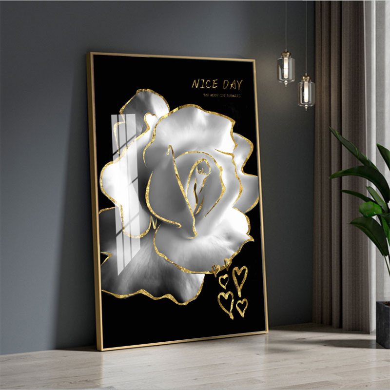 美式简约白色花卉图案走廊房间装饰画现代高清晶瓷工艺客厅壁画