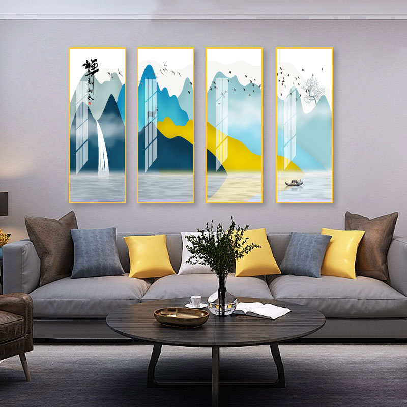 典典新中式轻奢山水风景图案装饰画客厅四联热销墙壁墙面挂画