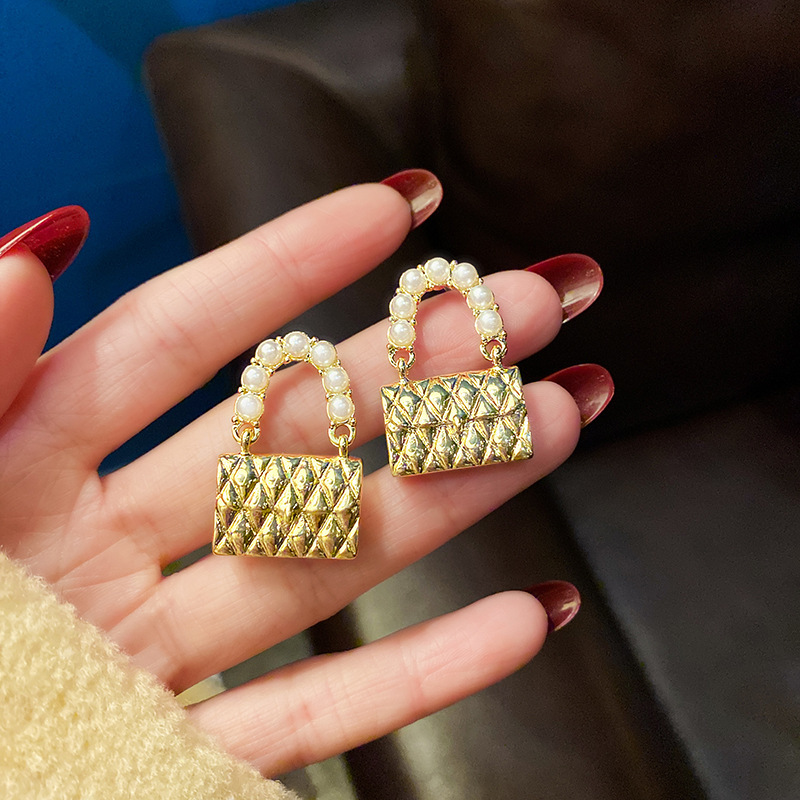 925针韩国创意镶钻金色包包新款复古高级时尚耳钉耳环女