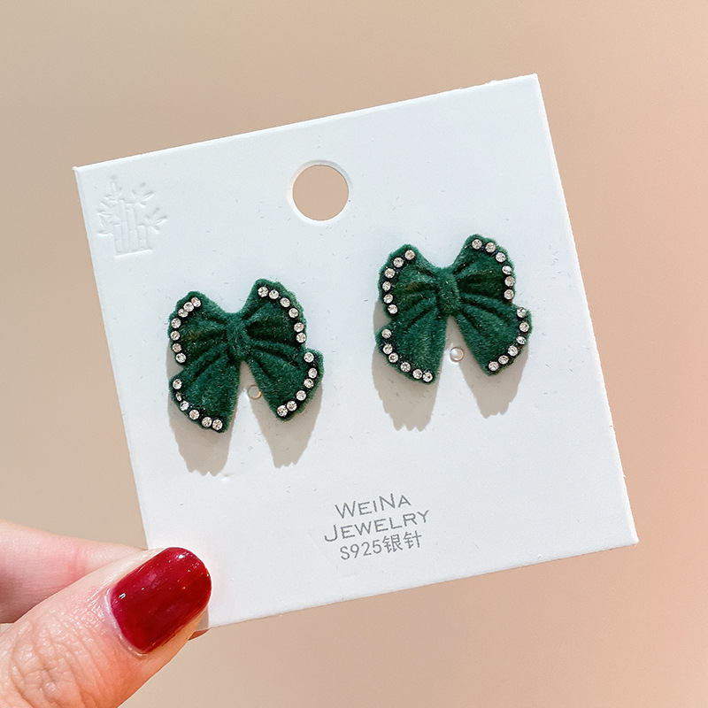 镶钻高级感耳环925针日韩小众耳环秋冬新款黑色丝绒蝴蝶结耳饰