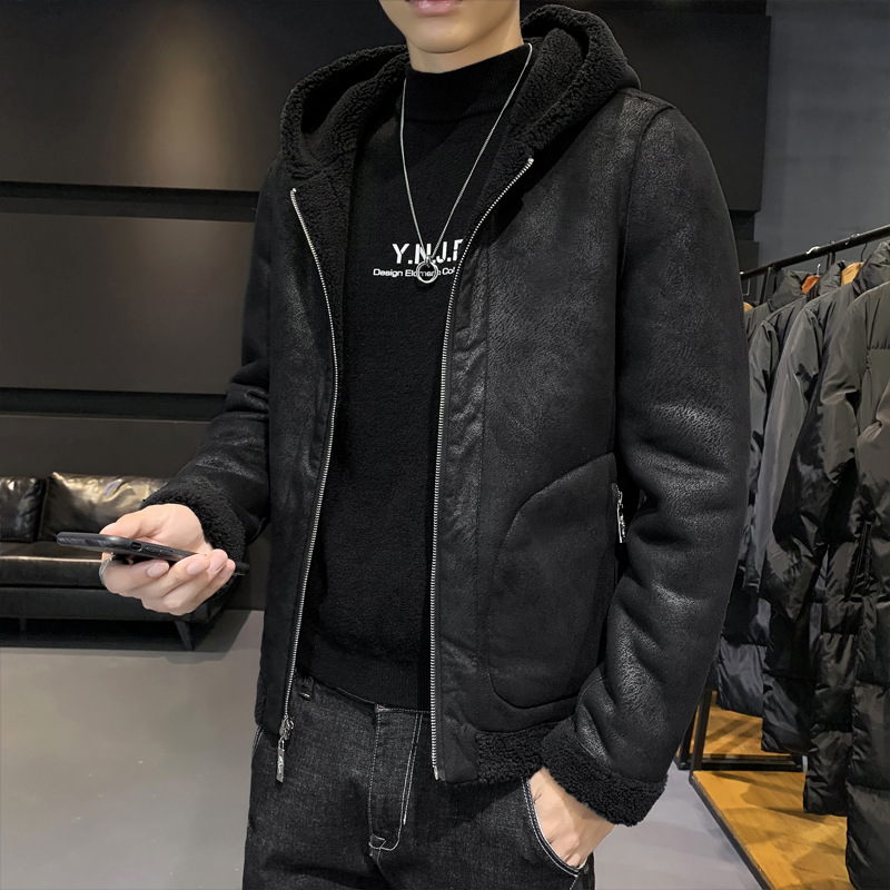 2021冬季装男士羊羔绒皮夹克保暖加绒休闲外穿运动连帽两面穿外套