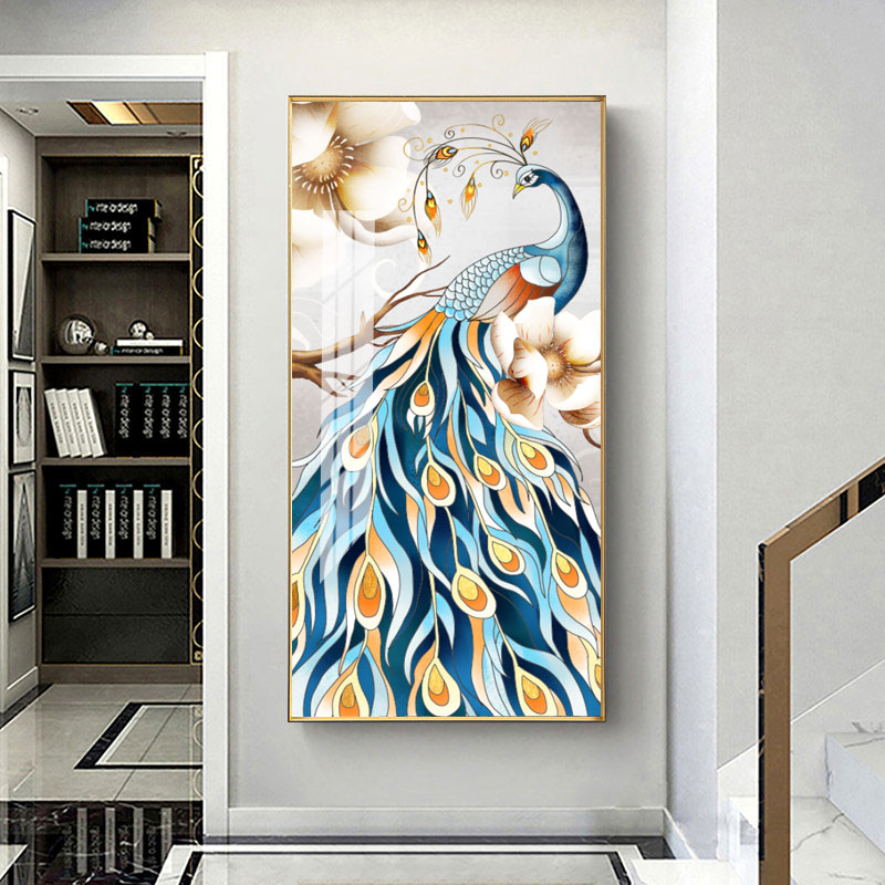 孔雀图案轻奢现代玄关走廊墙壁挂画房间大厅晶瓷工艺装饰画壁画