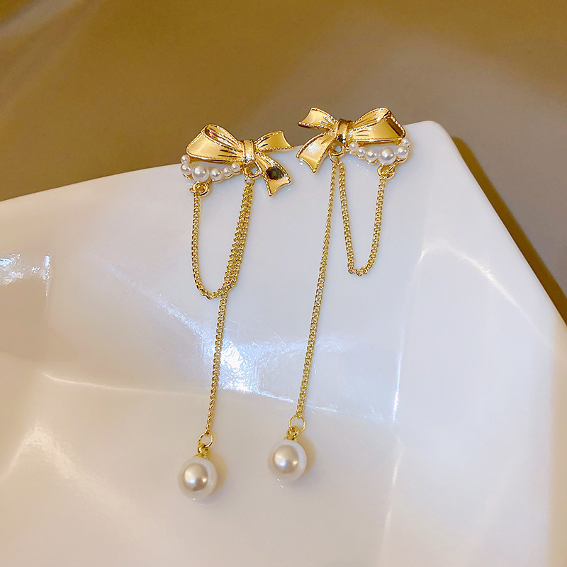 925针珍珠蝴蝶结流苏耳环韩国甜美气质耳坠清新设计感时尚耳饰