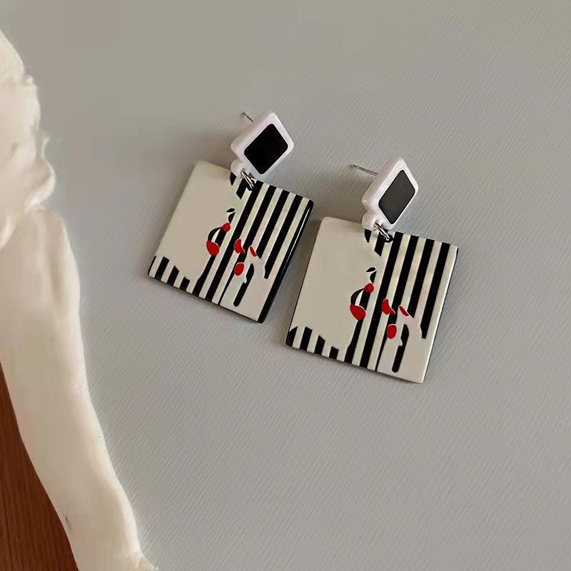 925针亚克力格纹耳环新款条纹几何设计感创意耳钉韩国百搭耳饰