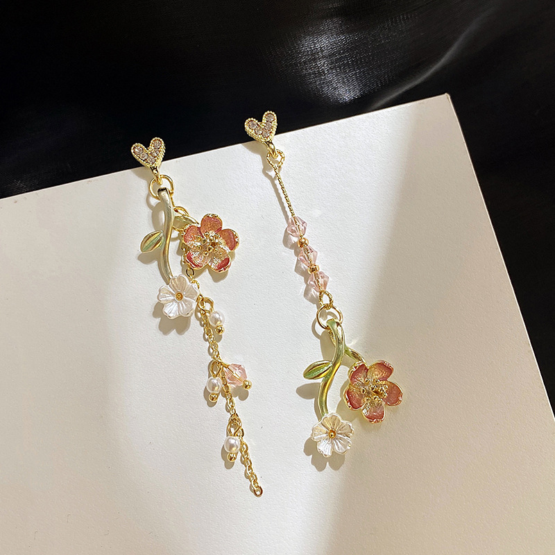 交叉设计感花朵耳环女爱心长款不对称耳坠气质轻奢耳饰925针