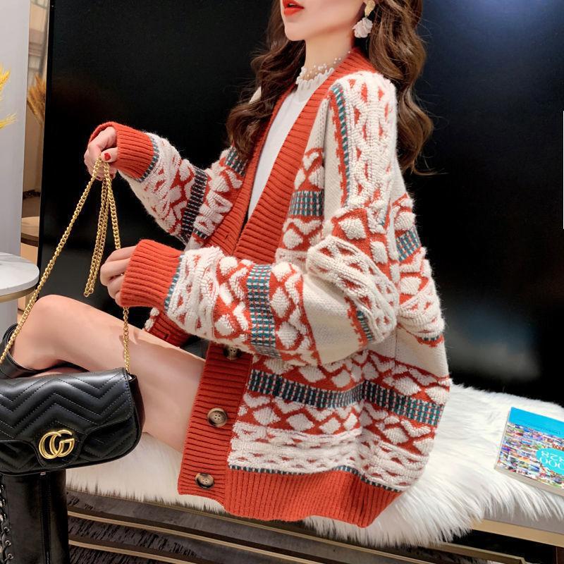 厚针织外套2021秋冬提花外穿百搭甜美复古韩版慵懒风开衫毛衣女潮
