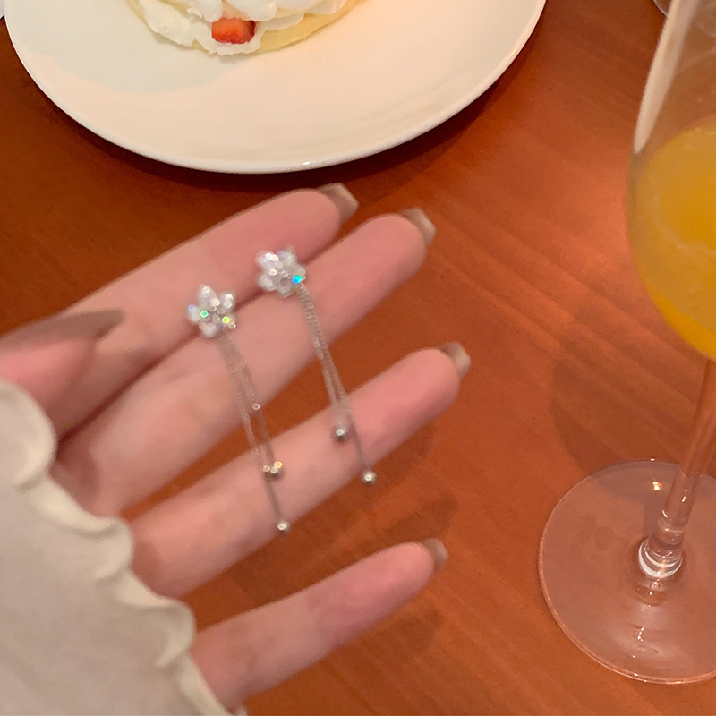 秋冬花朵锆石耳饰女2021年新款潮闪钻网红长流苏耳环925针耳钉