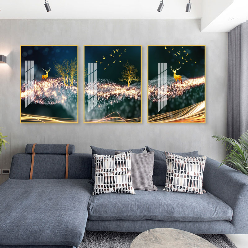 星空驯鹿图案客厅晶瓷工艺装饰画轻奢沙发背景三件组合壁画墙画