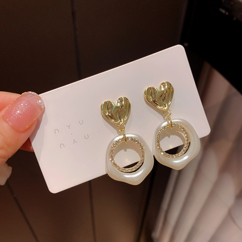 925针韩国珍珠镶钻爱心耳环几何圆圈时尚耳坠清新气质个性耳饰
