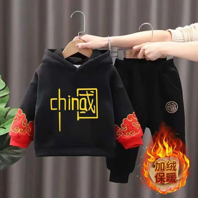 儿童拜年服男童秋冬新款加绒卫衣洋气新年服男宝宝唐装中小童套装