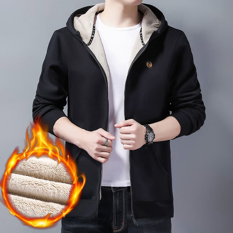 秋冬款摇粒绒连帽加绒加厚卫衣男户外运动开衫抓绒衣韩版潮流外套