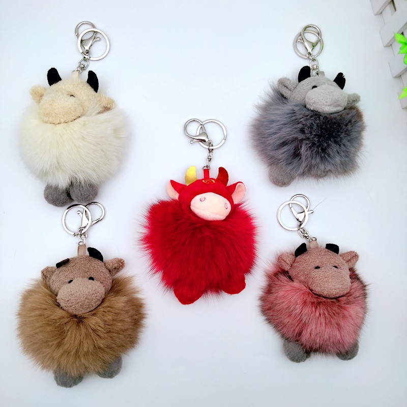 新款真狐狸毛毛球小牛汽车钥匙扣挂饰个性简约时尚毛绒包包挂件