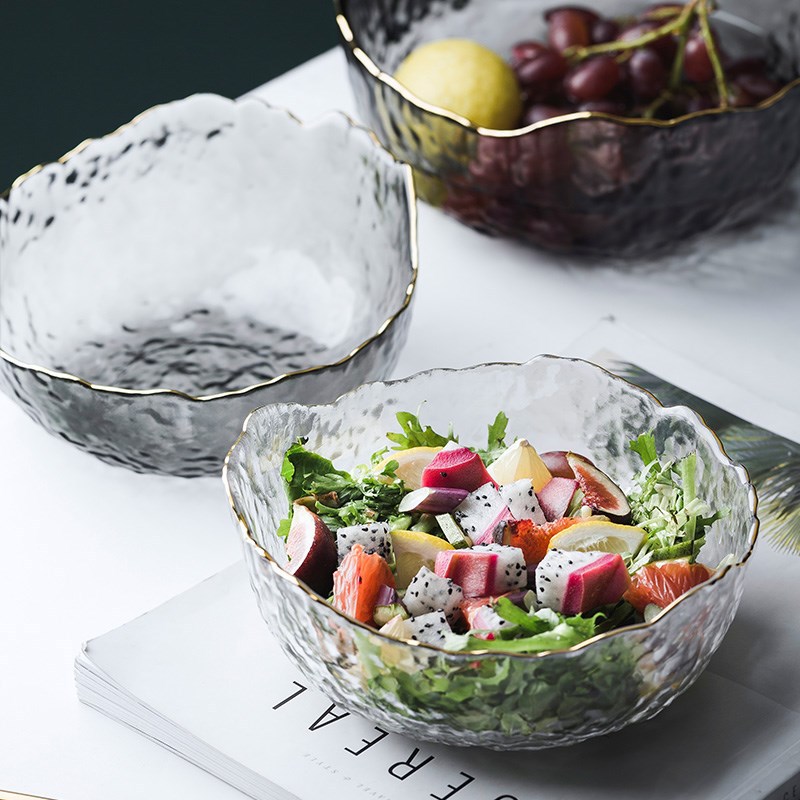 日式不规则锤目纹金边玻璃碗创意水果沙拉寿司餐盘餐具批发代发