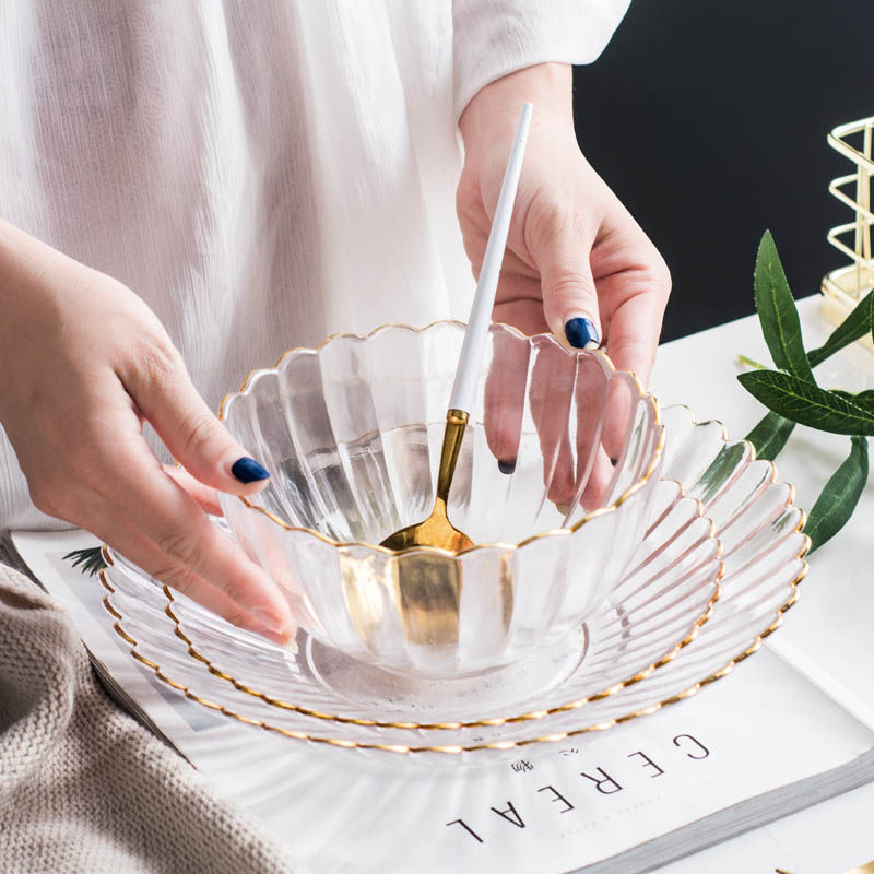 欧式创意盘子碗套装大号沙拉碗透明玻璃盘玻璃碗描金边水果沙拉碗