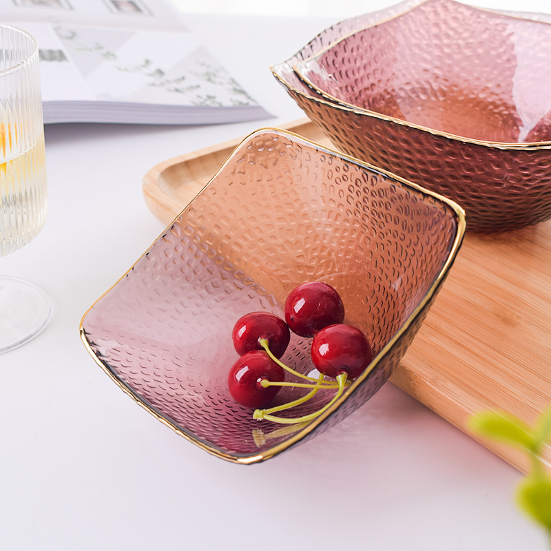 沙拉碗斗笠碗甜品碗四方家用创意金边玻璃碗透明大号日式蔬菜水果