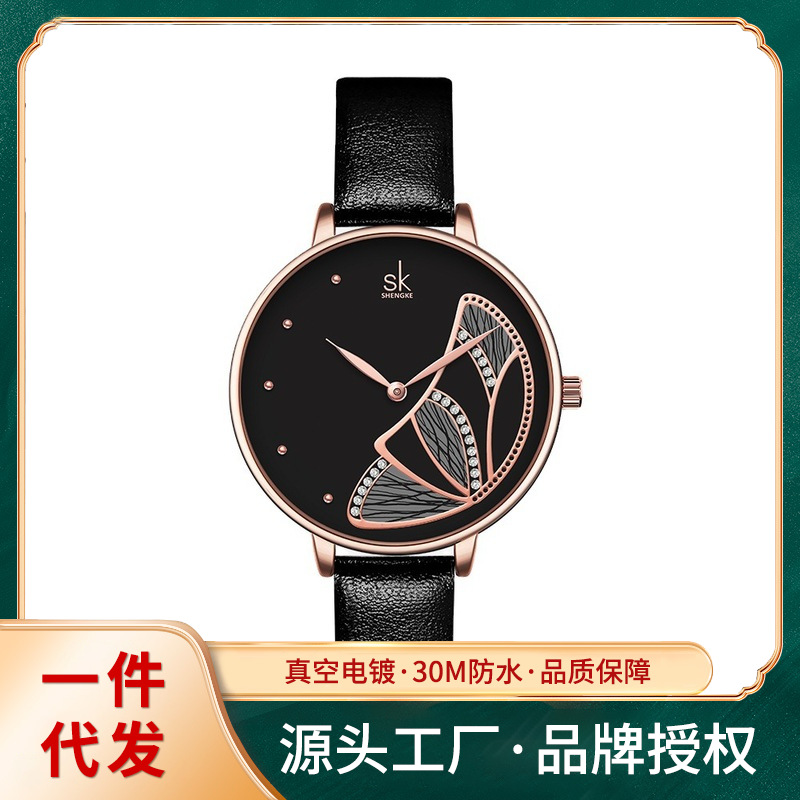 胜刻份上新女士手表 皮带款防水石英女表 蝴蝶面镶钻面K0118