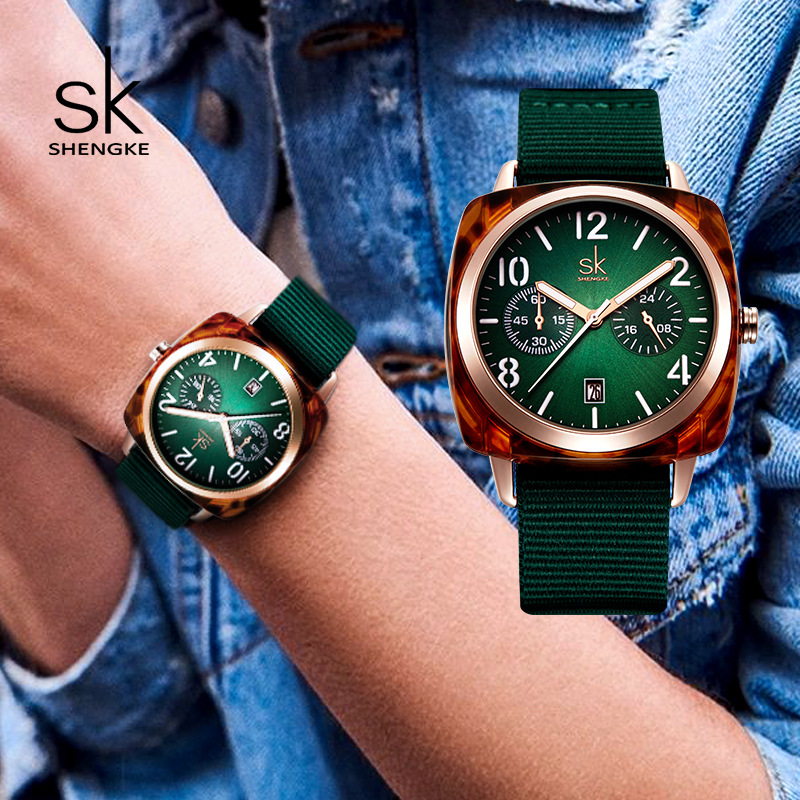 胜刻sk欧式女士手表女方形尼龙表带绿面跨境批发代发厂家直销0097