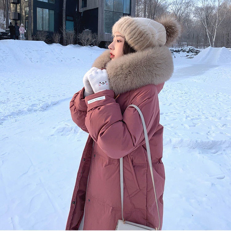 张贝贝同款羽绒服女2021新款冬季韩版中长款连帽加厚白鸭绒外套潮