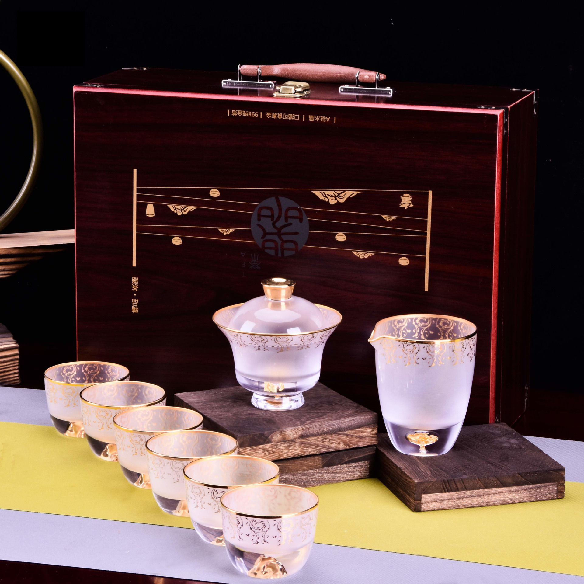 新中式功夫茶具套人工吹制玻璃茶器茶艺贴花茶杯盖碗茶盏品茗杯