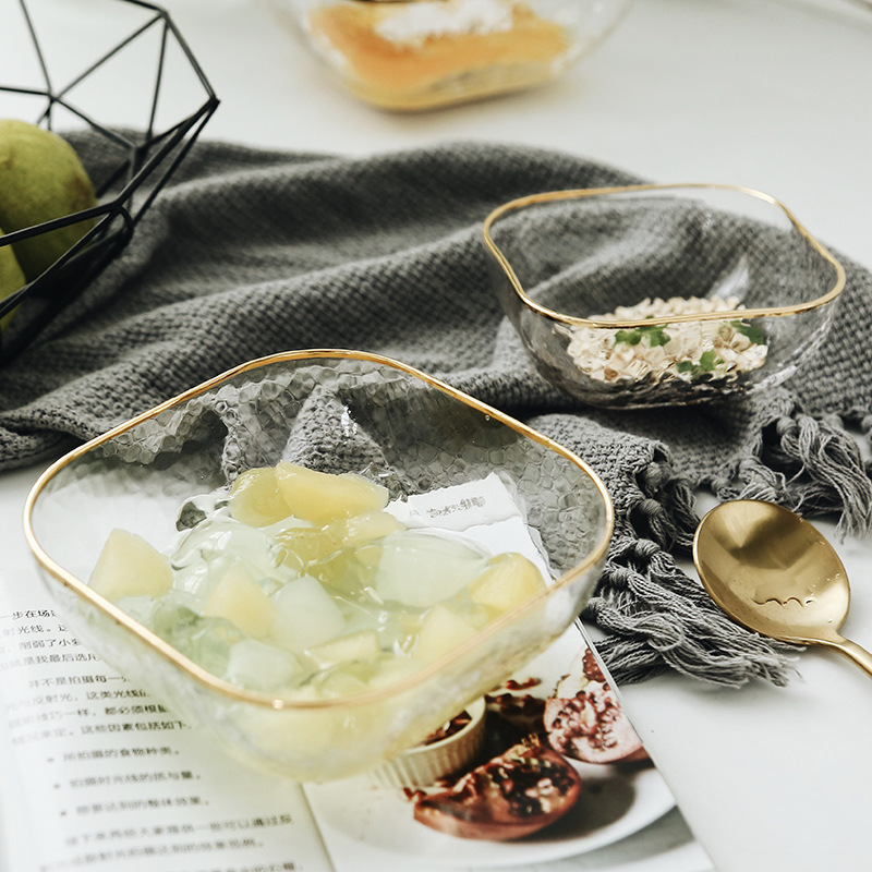 现货供应 金边透明方形碗 沙拉碗水果甜品碗透明冰淇淋碗燕窝碗
