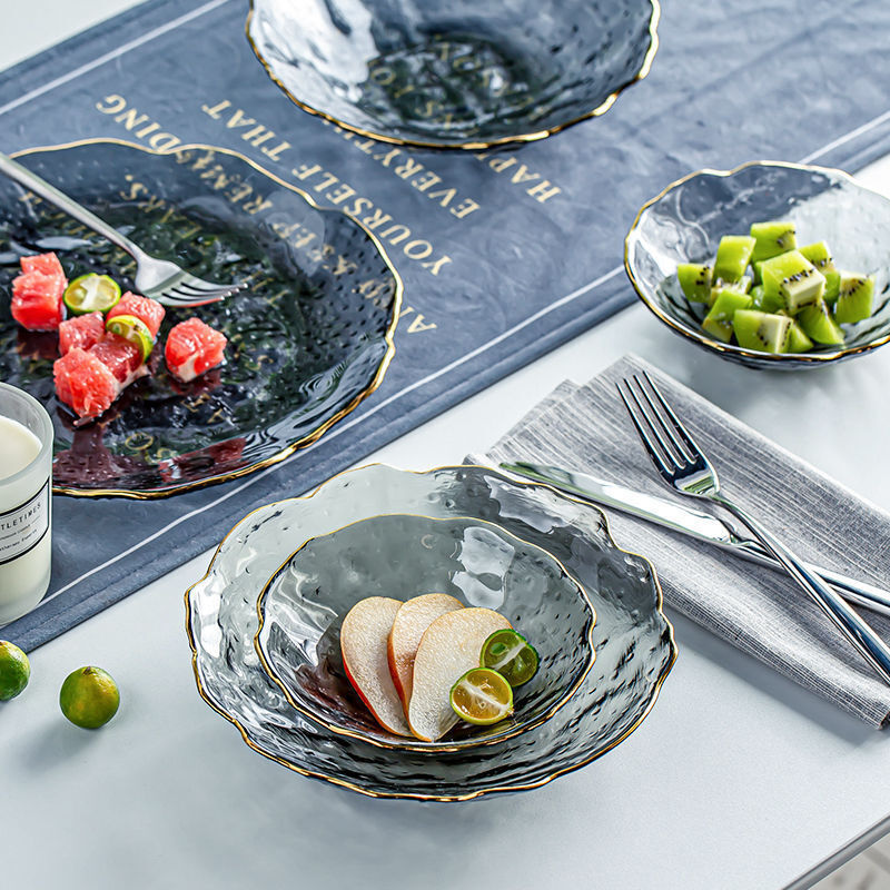 金边透明玻璃碗 玻璃盘创意冰点锤纹水果盘子 沙拉碗套装餐具批发