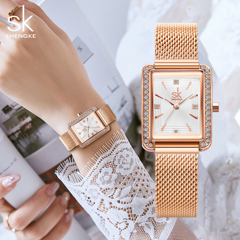 胜刻sk网带时尚女士手表镶钻石英表方形女表跨境直播代发批发0151