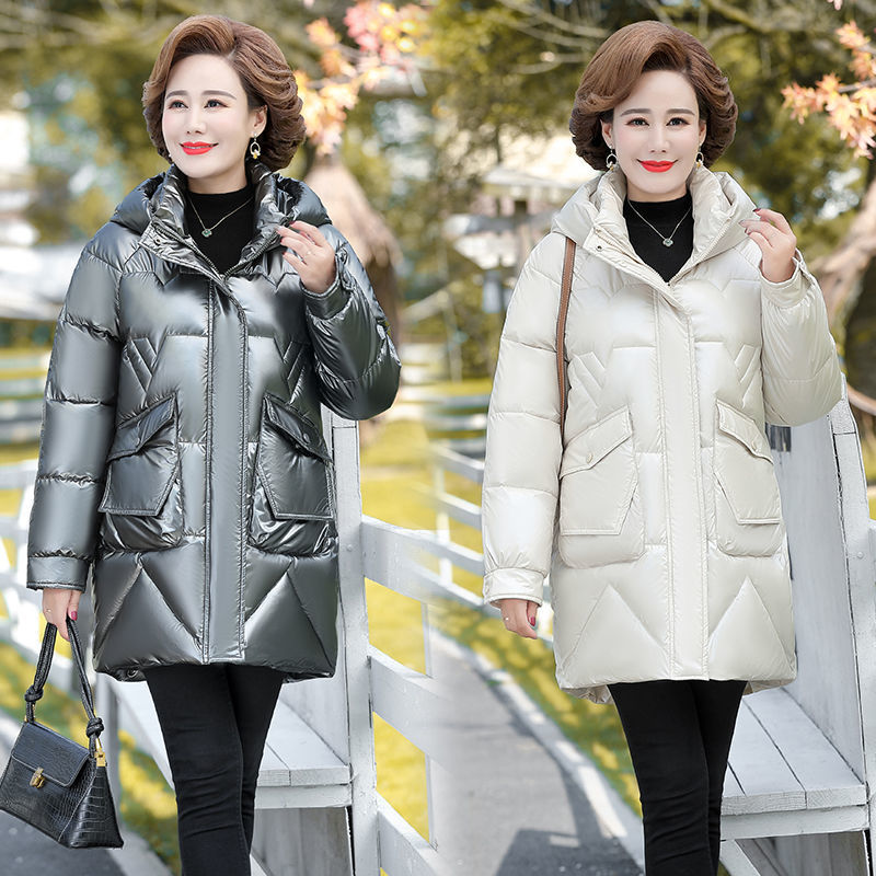 中老年人妈妈装冬装免洗亮面羽绒棉服40-50女士中长款棉衣