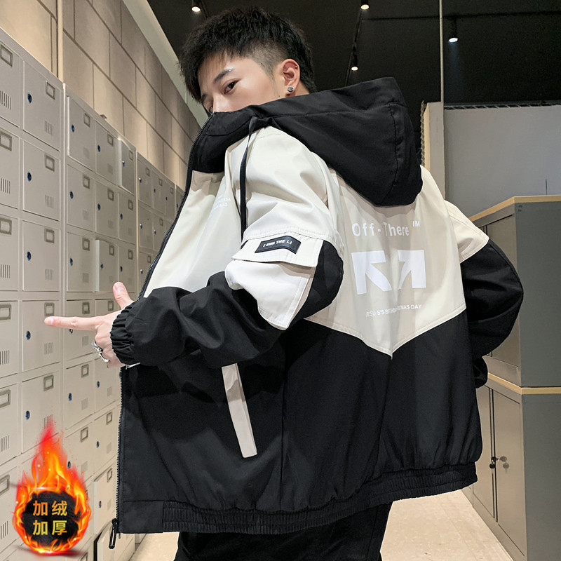2021夹克男士秋冬季休闲韩版潮流帅气男装时尚工装连帽加绒外套男