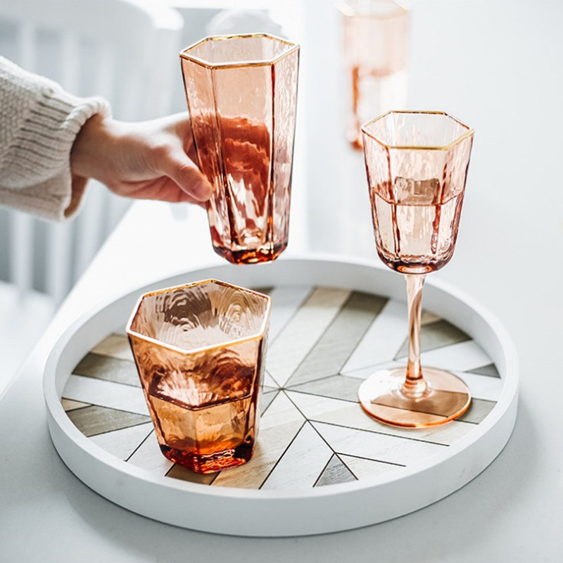 日式香槟色玻璃杯彩色轻奢风红酒杯家用创意描金边水杯红酒香槟杯