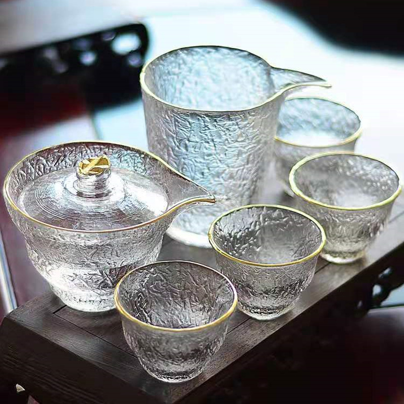 日式锤纹玻璃盖碗泡茶手抓壶描金茶杯公道杯透明功夫茶具批发