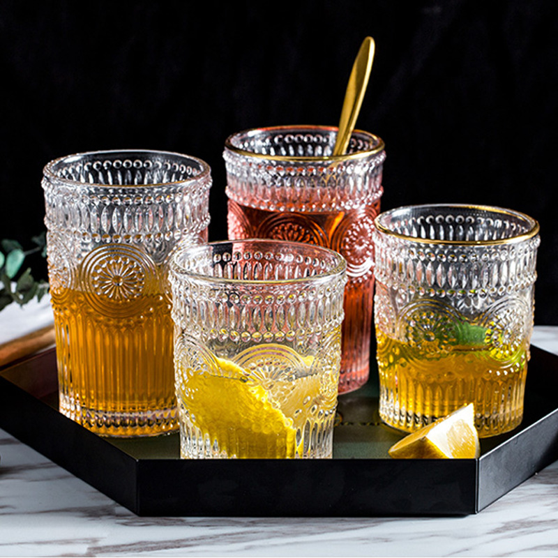 厂家直供ins北欧风复古浮雕金边玻璃水杯可定制太阳花果汁饮料杯